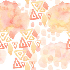 cartoon watercolor illustration. seamless pattern with Orange ethno ornament, stains, stains, blots