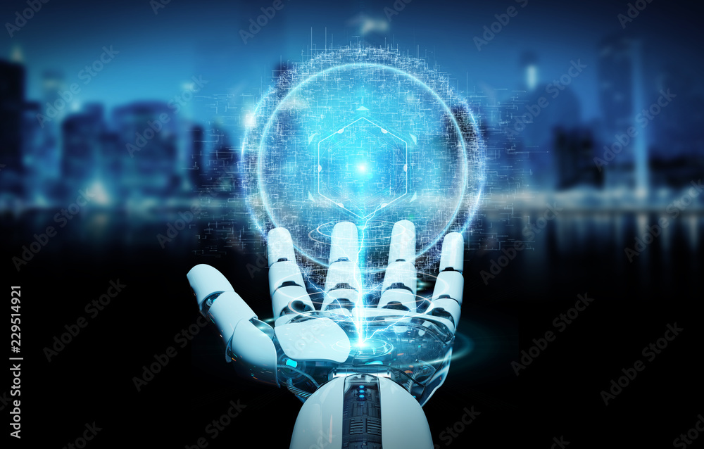 Poster white robot hand using digital sphere connection hologram 3d rendering
