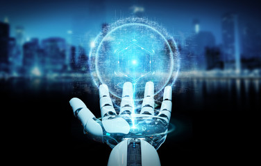 White robot hand using digital sphere connection hologram 3D rendering