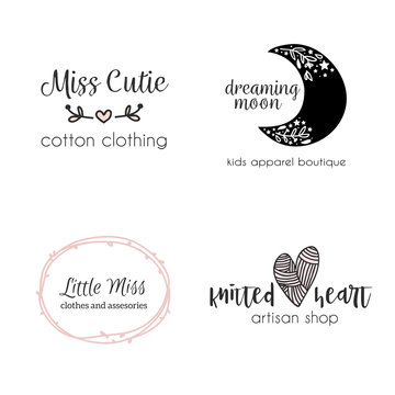 Set of hand drawn cute, stylish and simple premade logo designs for business and stationery. Collection of vector icons and illustrations