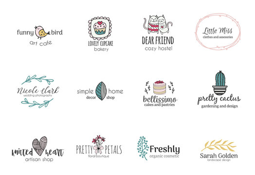 Set of hand drawn cute, stlish and simple premade logo designs for business and stationery. Collection of vector icons and illustrations