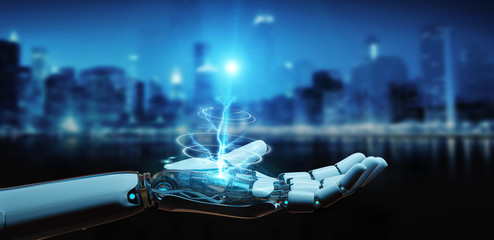 White cyborg opening his hand 3D rendering