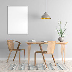 Mock up poster frame in Scandinavian style hipster interior. 3D illustration.