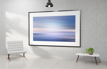 Large horizontal frame hanging on a white concrete wall 3D rendering