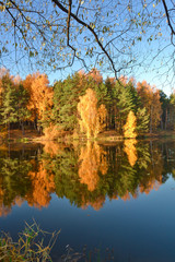 Obraz premium Autumn landscape with colorful forest. Colorful foliage over the lake with beautiful forests in red and yellow colors. Autumn forest is reflected in the water.