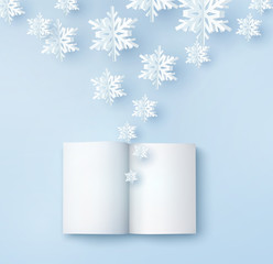 Christmas card with paper snow flakes. Open empty book and flying snowflakes on blue background. Vector xmas, New Year or winter concept.