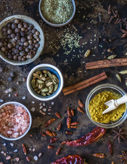 Various spices in bowls on the table. dry herbs, salt spices on a dark background.