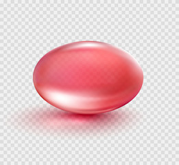 Pill, red bubble isolated on transparent background. Cosmetic oil capsule of vitamins and minerals. Vector realistic droplet of drug template. - obrazy, fototapety, plakaty