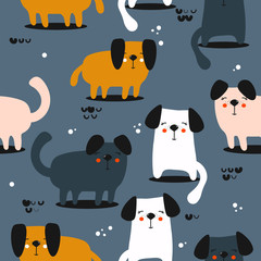 Happy dogs, hand drawn backdrop. Colorful seamless pattern with animals. Decorative cute wallpaper, good for printing. Overlapping background vector. Design illustration