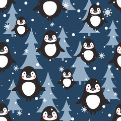 Seamless pattern, penguins, fir trees, snow, hand drawn overlapping backdrop. Colorful background vector. Design illustration. Decorative wallpaper, good for printing. Happy New Year. Winter time