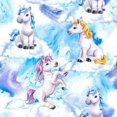 Children's girl pattern with baby unicorns. Wallpaper with horses. Little unicorns. Horse with golden, blue and pink mane. Children's Seamless pattern. Illustration. Template. Watercolor. Hand drawing