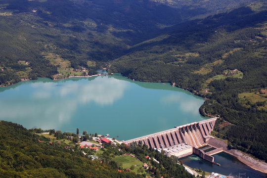 hydroelectric power plant Perucac on Drina river landscape Serbia