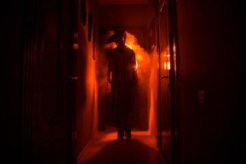 Creepy silhouette in the dark abandoned building. Horror Halloween concept. Dark corridor with...