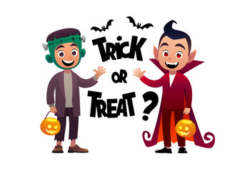 Cartoon children monster and vampire costume trick or treat background