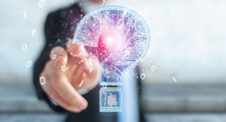 Businessman solving problem with digital question marks 3D rendering