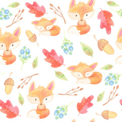 cartoon seamless pattern. watercolor illustration. autumn, harvest, leaves, baby fox, mushrooms, berries, oak on white background