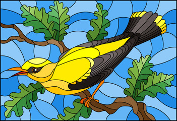 Naklejki  Ilustracja w stylu witrażu z pięknym żółtym ptakiem na tle gałęzi drzewa i nieba