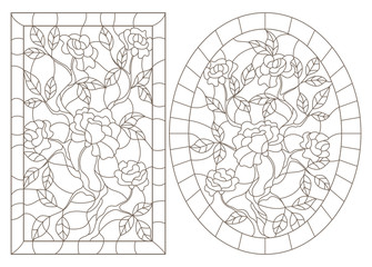 A set of contour illustrations of stained glass Windows with rosees in frames, dark contours on a white background, oval and rectangular image
