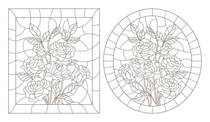 A set of contour illustrations of stained glass Windows with rosees in frames, dark contours on a white background, oval and rectangular image