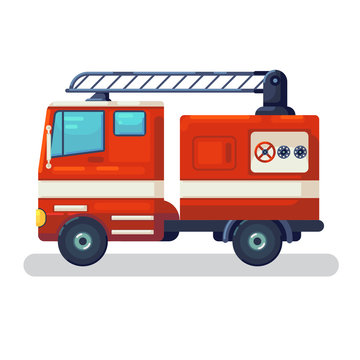 Modern city transport. Fire fighting car, side view. Modern vehicle of movement. Assistance, firefighting, service and rescue vehicle. illustration isolated. Flat cartoon Vector Illustration Graphic