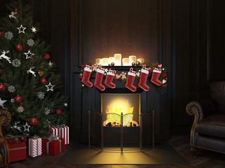 3d rendering Christmas Interior, Xmas Tree Fireplace Light