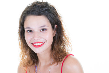 Cheerful positive young female with red lips smiling happy