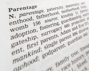 CLOSE UP OF DICTIONARY PAGE SHOWING DEFINITION OF THE WORD PARENTAGE