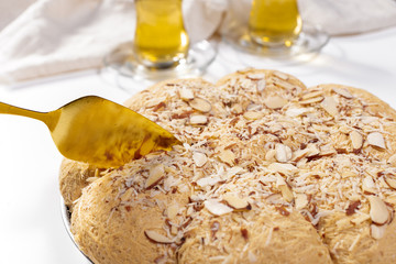 Tasty halva with tea on the table