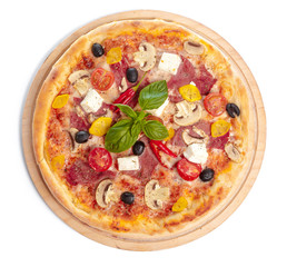 Delicious pizza served on wooden plate isolated on white