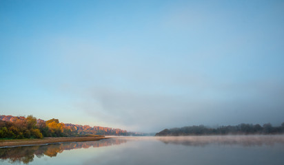 dawn over the river, fog