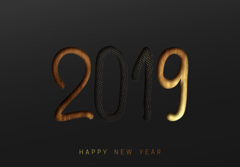 2019 Happy New Year. Black and gold embossed paper effect.
