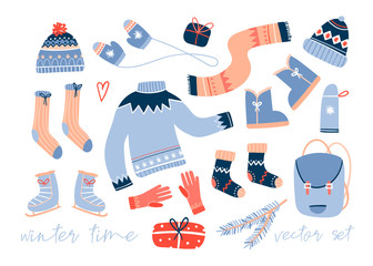 Cozy winter clothes and other stuff. Colored vector set. All elements are isolated