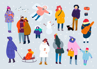 Winter leisure. Various people. Hand drawn colored vector set. Grey background. All elements are isolated