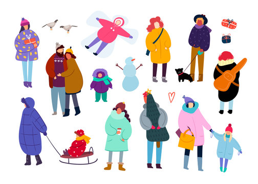 Winter leisure. Various people. Hand drawn colored vector set. All elements are isolated