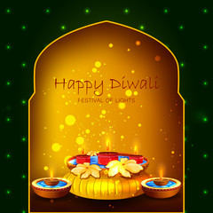 Decorated Diya on Happy Diwali night celebrating holiday of India