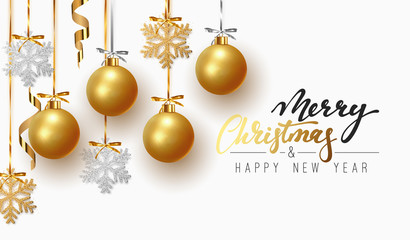Christmas greeting card, design of xmas balls with golden glitter snowflake hanging on the ribbon.