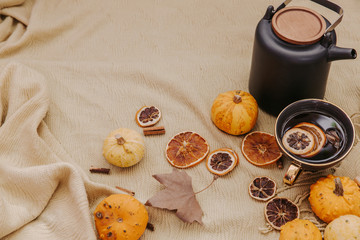 Flat lay Autumn composition. Pumpkins, cinnamon sticks, candles, dried leaves on cozy background. Autumn, fall, halloween concept. top view, copy space