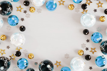 Christmas card mockup with blue baubles 3D rendering