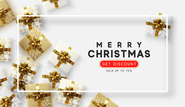 Christmas vector background. Xmas sale, holiday web banner. View top on composition gift box.