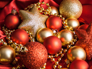 Christmas and New Year holidays background, Christmas composition with balls, gifts and decorations