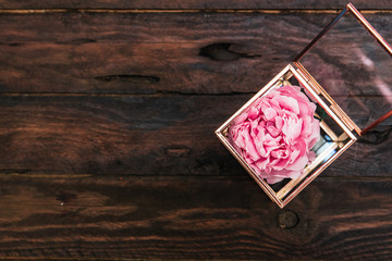pink peony flowers on wooden background. Minimal flat lay composition with copy space.