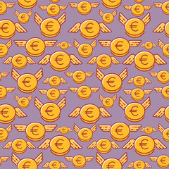 Euro coins with wings, seamless vector pattern, flat line design style