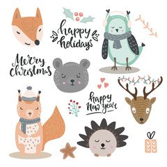 Woodland animals vector illustration. Set of christmas and winter holidays lettering and design elements and cute animals in winter clothes
