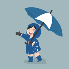 small girl hold umbrella in rainy season