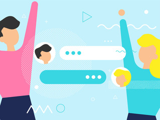 New Chat messages notification on blue backdrop. Flat design illustration vector bubbles, geometric elements on screen, person chatting, online support, Internet virtual assistant concept