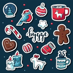 Cute vector set of hygge stickers. Cute illustration winter and christmas hygge elements. Scandinavian style with hygge lettering.