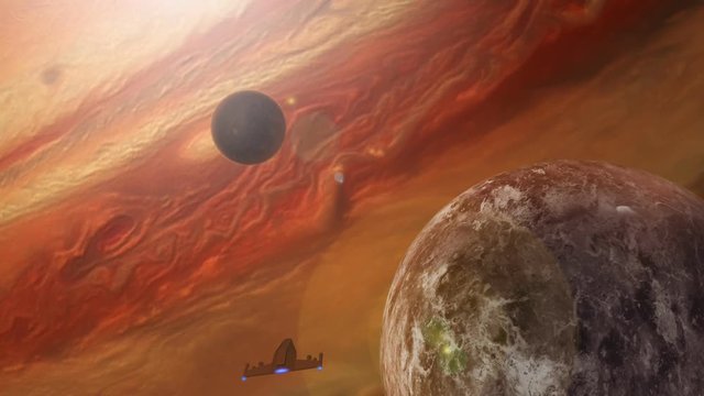 Red Space Planets Passing Spaceship  (4K) Spaceship approaches planet between moons. Futuristic sky scape from science fiction. Also available without ship in my portfolio. This smooth 3d animation is