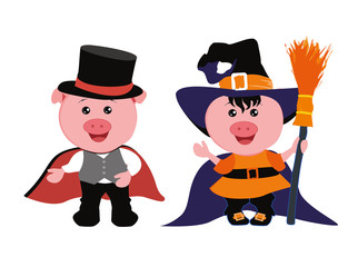 Pigs in a costume. Halloween. Vector illustration.