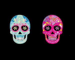 Two colored skulls with ornaments isolated on a black background. Day of death. Vector illustration.