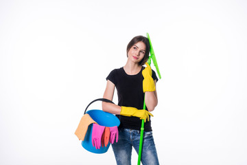 Cleaning girl happy excited during cleaning. Funny girl with cleaning mop isolated on white background